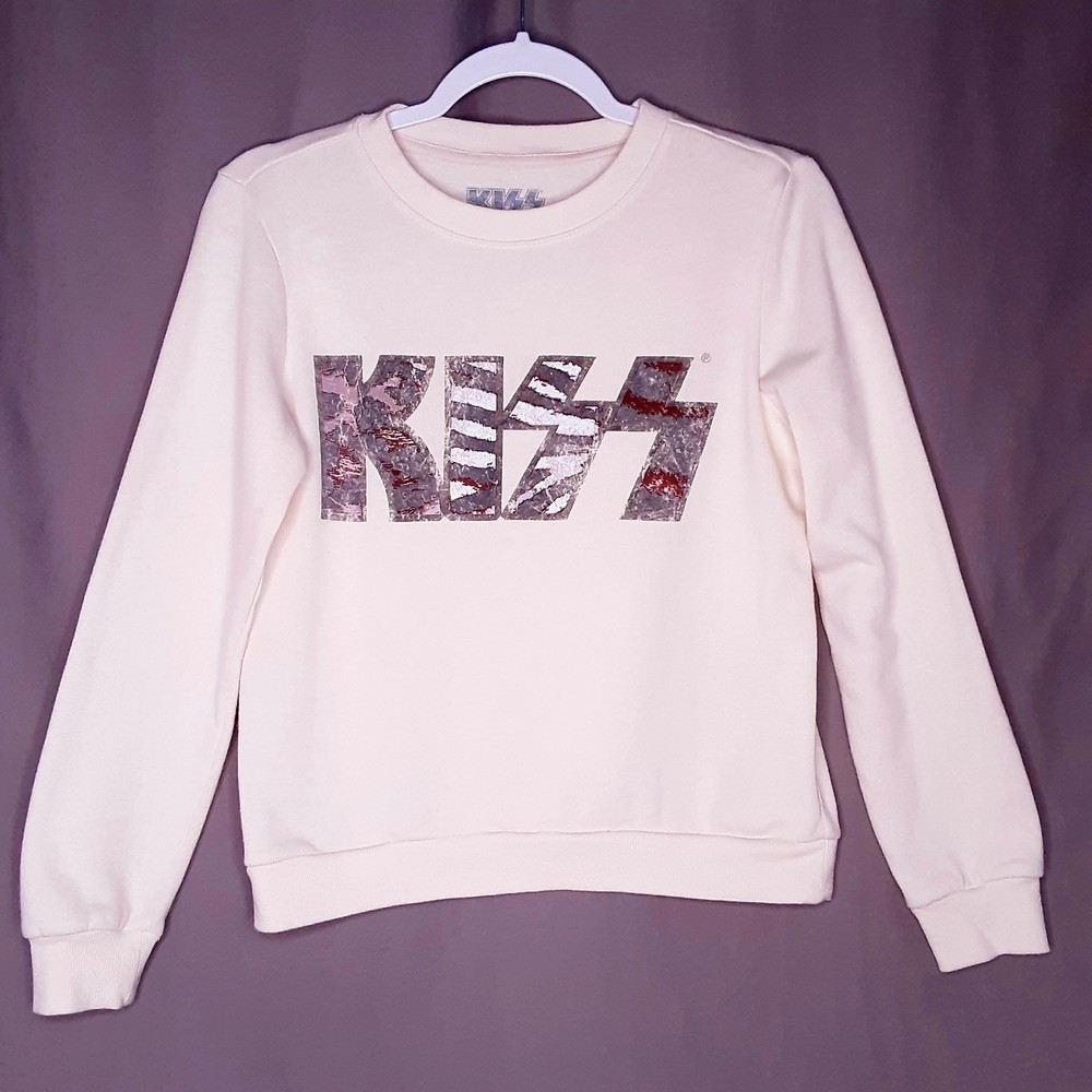 💎Kiss Band Womens Ivory Spellout Graphic Sweatshirt XSmall Rock Music Vintage